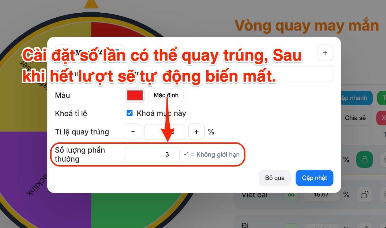 Nhập số lượng (số lần xuất hiện tối đa) của phần thưởng