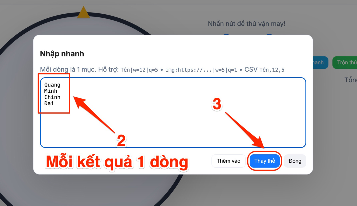 Điền mỗi kết quả tương ứng với 1 dòng vào hệ thống