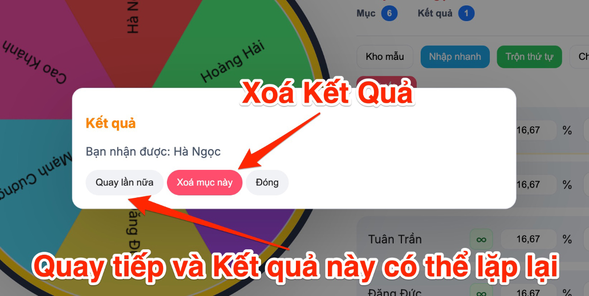 Kết quả vòng quay hiện ra