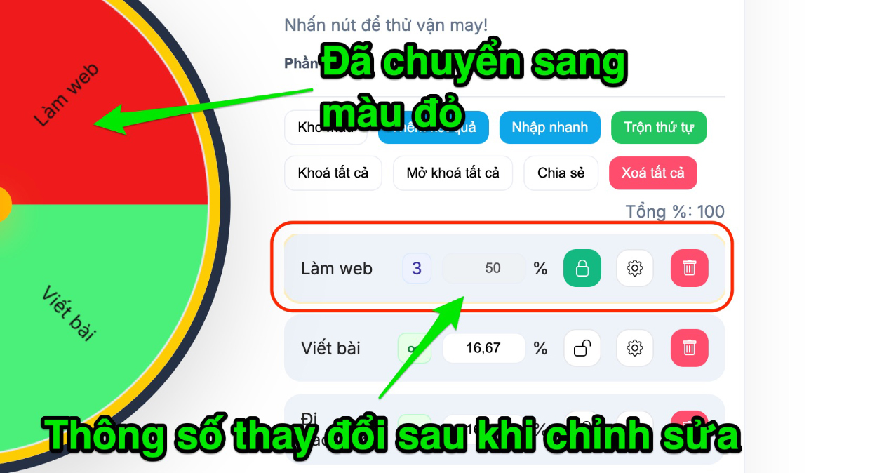 Kết quả sau khi tuỳ chỉnh lại các thông tin, thông số của vòng quay may mắn