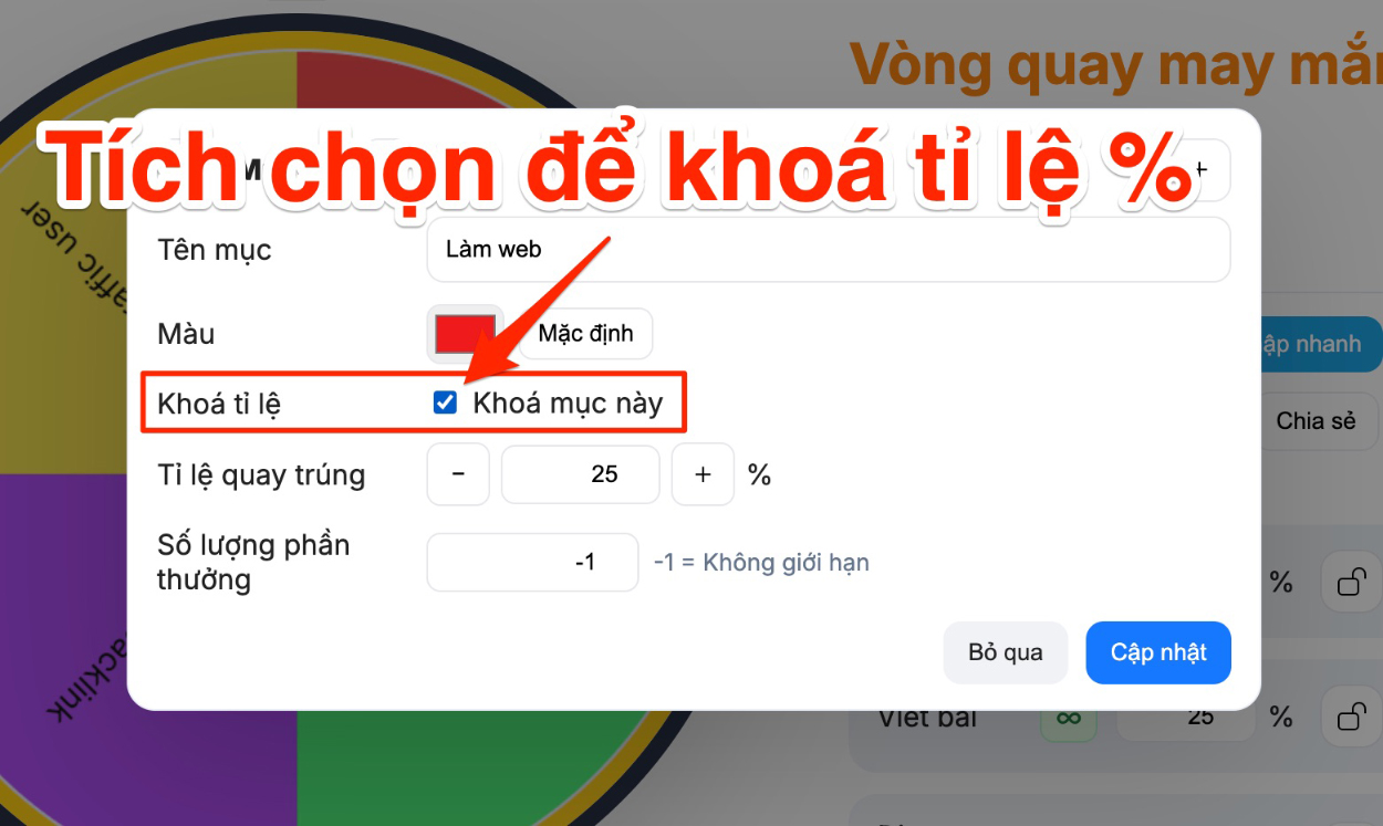 Tích chọn để khoá tỉ lệ quay trúng