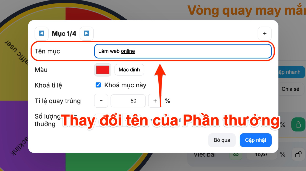 Gõ tên phần quà mới vào ô "Tên mục"